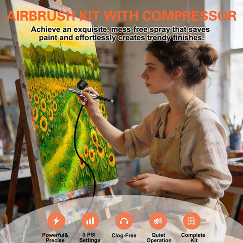 Artist using Airbrush Kit With Compact Compressor, 22/30/50 PSI Adjustable Spray Pressure on sunflower painting