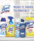 Lysol cleaning products including laundry sanitizer, all-purpose cleaner, disinfectant spray, air sanitizer, and disinfecting wipes.