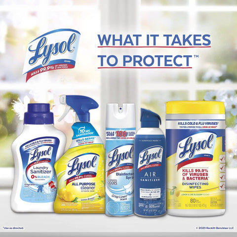 Lysol cleaning products including laundry sanitizer, all-purpose cleaner, disinfectant spray, air sanitizer, and disinfecting wipes.
