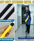 Heavy Duty 24 Inch Microfiber Dust Mop Kit With 61 Inch Extendable Handle And Two Quick Swap Pads For Top Shelf Floor Cleaning, showing a durable metal rod with a foam grip.