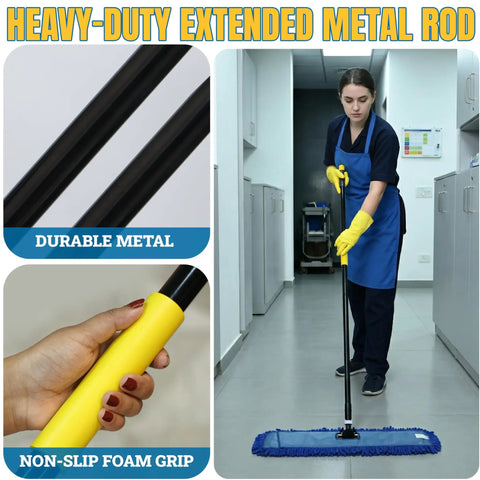 Heavy Duty 24 Inch Microfiber Dust Mop Kit With 61 Inch Extendable Handle And Two Quick Swap Pads For Top Shelf Floor Cleaning, showing a durable metal rod with a foam grip.