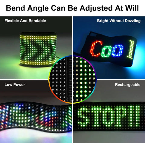 Programmable LED Sign Dope With USB 5V Power High Bright LED Matrix Panel Smart App Control DIY Text Patterns Waterproof Bendable Car Window Display 15x4 Inch showing flexible, waterproof design and text display.