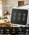Professional 20 Bar Espresso Coffee Machine With Snappy Led Touchscreen displaying brewing options in modern kitchen.