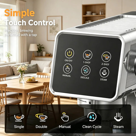 Professional 20 Bar Espresso Coffee Machine With Snappy Led Touchscreen displaying brewing options in modern kitchen.