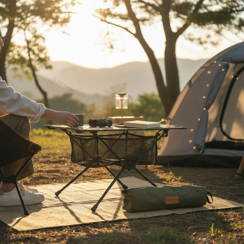 Ultralight Backpacking Table Collapsible With Easy Setup For Hiking Camping And Mountaineering Storage Mesh For Gear Portable Durable Surface For Outdoor Travel Adventures shown on camping site.