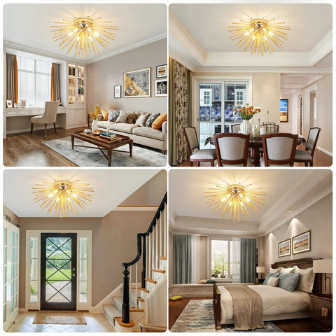 Six-Light Gold Firework Flush Mount Ceiling Light Fixture With G9 Socket in living room, dining room, hallway, and bedroom.
