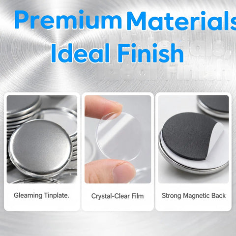 58mm Fridge Magnet DIY Kit Pack of 100 Sets With Metal Front and Back Covers, Clear Film, Blank Paper, and Soft Magnetic Sheets displayed