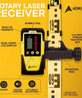 Digital Rotary Laser Detector with Dual Display and Built In Bubble Level for Most Red Rotary Lasers, attached to rod