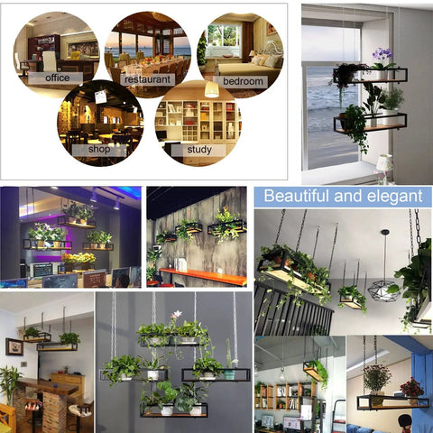Dope Industrial Wood And Iron Hanging Shelf Rack For Kitchen Plants Overhead Ceiling Storage Plant Stand With Railing shown in various settings.
