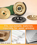 Wood Shaping Disc Set For 4 Inch Or 4 1/2 Inch Angle Grinders With 5/8 Inch Arbor, 4 discs displayed with materials for grinding.