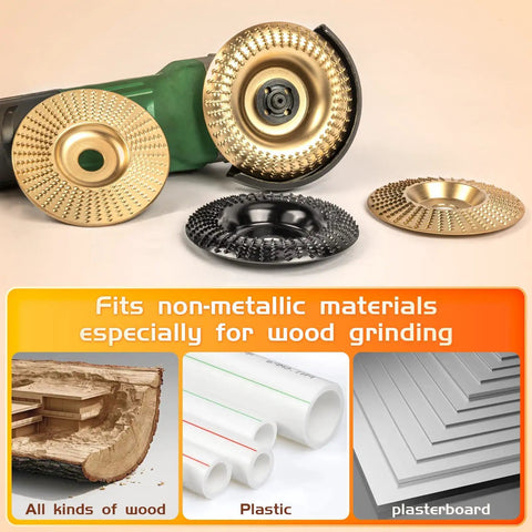 Wood Shaping Disc Set For 4 Inch Or 4 1/2 Inch Angle Grinders With 5/8 Inch Arbor, 4 discs displayed with materials for grinding.