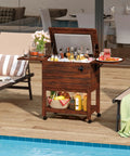 54 Quart Rolling Patio Cooler Cart With Pine Wood Ice Chest And Drain Fold Down Shelves Bottle Opener On Wheels For Backyard Poolside Deck Parties Holds Up To 72 Cans Or Bottles by pool