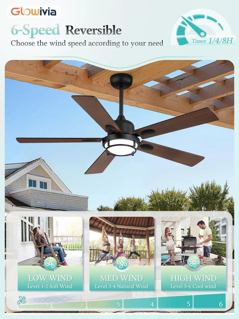 52 Inch Outdoor Ceiling Fan With Lights For Patio And Pergola IP65 Waterproof Gazebo Hanging Fan DC Motor 6 Speed 3CCT Dimmable Lighting With Remote Control Black mounted under pergola