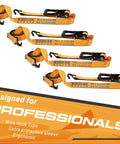 4 Pack Heavy Duty Ratchet Tie Down Straps with Wired J Hooks 2 Inch By 27 Foot, colorfast orange webbing, for trucks and trailers.