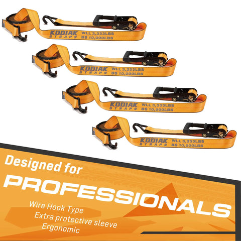4 Pack Heavy Duty Ratchet Tie Down Straps with Wired J Hooks 2 Inch By 27 Foot, colorfast orange webbing, for trucks and trailers.
