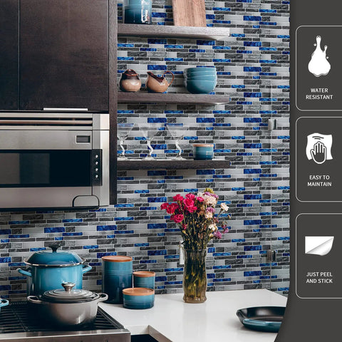 Peel And Stick Marble Kitchen Backsplash Tiles, 10 Sheets 12x12 Inch, in blue marble with thickened gel for subtle 3D look in kitchen