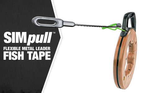 Pro Grade Flexible 125 Foot Fish Tape Tool With Spiral Polymer Core for smooth wire pulling, shown with swiveling leader handle.