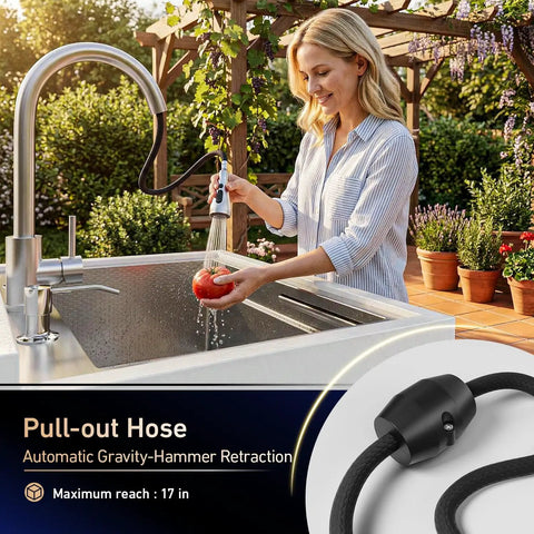 A woman using a retractable faucet attached to a stainless steel sink with an automatic pull-out hose; focus on kitchen flexibility.