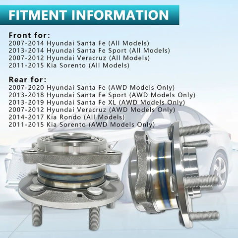 Front And Rear Wheel Bearing Hub Assembly Kit For Hyundai Santa Fe Sport XL Veracruz And Kia Sorento Rondo 2007-2020 2 Pack 513266 51750-2B000 51750-3J000 Replaces OEM displayed with fitment information and car image background.