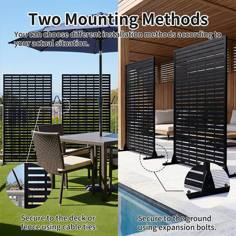 72 Inch Outdoor Privacy Screen With Stand, Metal Fence Panels For Deck, Garden, Pool, Balcony And Patio Privacy, two mounting methods shown