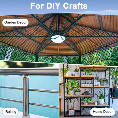 Collage of garden decor, railing, and home decor for DIY crafts, featuring a gazebo roof, metal railing, and indoor plants.