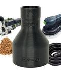 27mm Port Dust Collection Hose Adapter For Two And A Half Inch Hose with sanding tools and wood shavings in background.