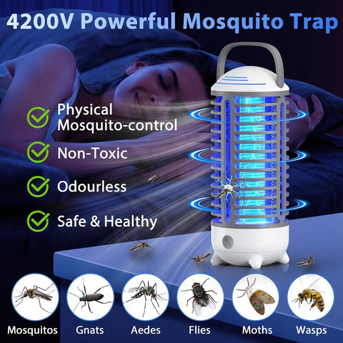 Rechargeable 4200V Bug Zapper With USB Power, LED Light, Indoor Outdoor Use, IP66 Waterproof Portable Electric Fly Zapper.