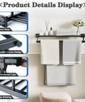 Matte Black 20 Inch Wall Mount Towel Rack With Double Bars And Shelf SUS304 Stainless Steel Bathroom Towel Holder Hanger For Bathroom Walls Rust Resistant And Built To Last, shown with grey towels and detail inserts