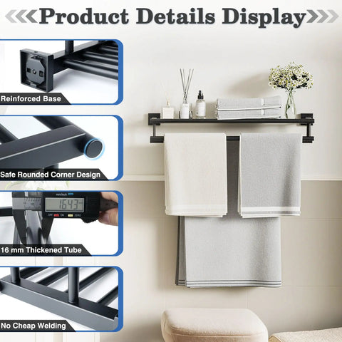 Matte Black 20 Inch Wall Mount Towel Rack With Double Bars And Shelf SUS304 Stainless Steel Bathroom Towel Holder Hanger For Bathroom Walls Rust Resistant And Built To Last, shown with grey towels and detail inserts