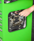 Magnetic Tool Tray Organizer 10 Inch By 11 Inch Heavy Duty Stainless Steel Square Tray Keeps Your Small Parts And Fasteners From Vanishing In The Shop Today attached to green tool chest with fasteners inside.