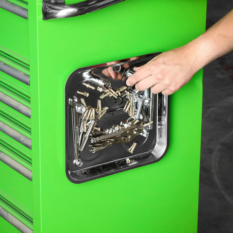 Magnetic Tool Tray Organizer 10 Inch By 11 Inch Heavy Duty Stainless Steel Square Tray Keeps Your Small Parts And Fasteners From Vanishing In The Shop Today attached to green tool chest with fasteners inside.