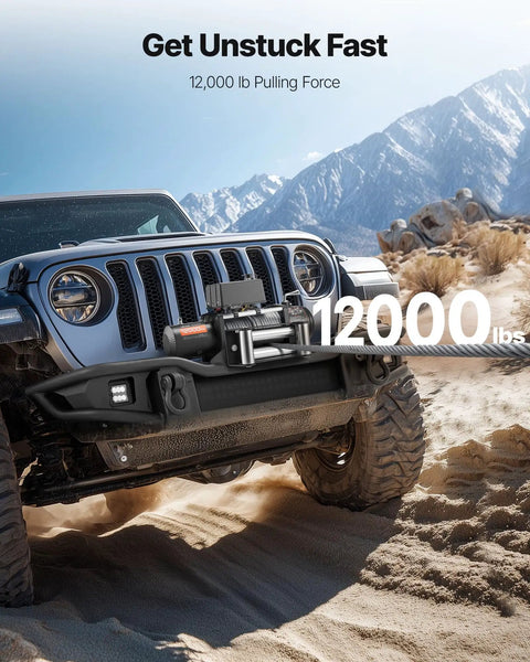 Beefed Up 12000 Lb Electric Winch With 85 Ft Steel Cable 12V Power Winch For Jeep Wrangler UTV ATV And Truck Off Road Recovery Wireless Remote Control And Heavy Duty Motor mounted on Jeep front bumper