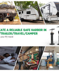 Collage of RV setups with Beefy Heavy Duty RV Slide Out Stabilizer Jacks 13 To 26 Inch Electric Drill Adjustable 2 Pack shown