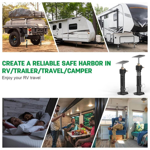 Collage of RV setups with Beefy Heavy Duty RV Slide Out Stabilizer Jacks 13 To 26 Inch Electric Drill Adjustable 2 Pack shown