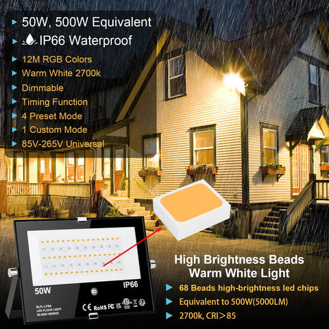 Dope Outdoor LED Flood Light 500W Equivalent RGBW Color Changing Landscape Lighting with illuminated house, IP66 waterproof