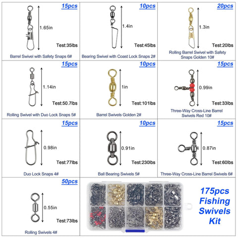 All In One 175 Piece Fishing Swivels Kit With Barrel And Ball Bearing Swivels 3 Way Swivels Coastlock Snaps Safety Snaps Rolling Barrel Snaps Duo Lock Terminal Tackle Gear For Lures And Sinkers Tackle Box Ready. 175-piece assorted swivels kit with tackle box