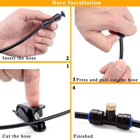 Outdoor Misting Cooling System Kit With Pump And Filter hose installation instructions, showing insertion, cutting, and T-joint.