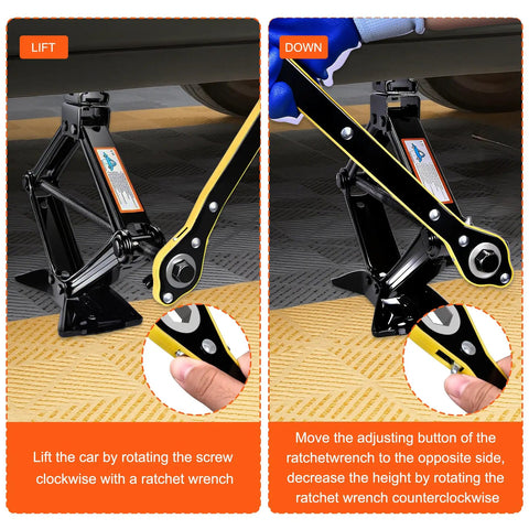 Heavy Duty 2.5 Ton Scissor Jack Car Tire Changing Emergency Tool Kit With Lifting Handle And Safety Stand For SUV Truck And Sedan Black, showing lift and down mechanism.