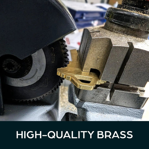 Brass Key Blanks for 5 Pin Locks, Uncut 10 Pack, in cutting machine showcasing durability and premium quality brass.