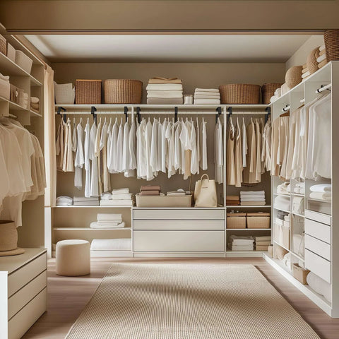 Organized closet with clothes on a rod supported by 10 Pack Heavy Duty Closet Rod Bracket Set With 90 Degree Triangle Support, Matte Black Steel.
