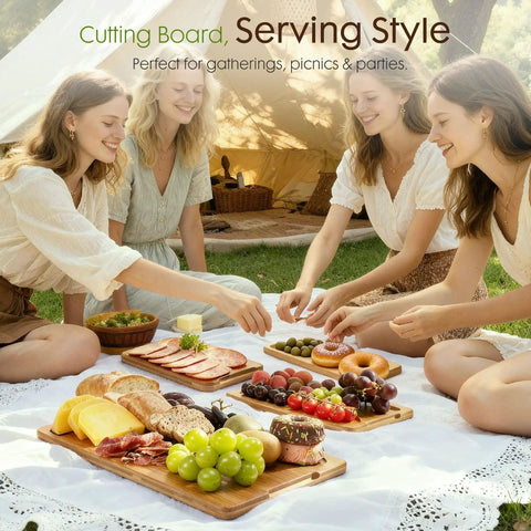 Top Shelf Deep Carbonized Bamboo Cutting Board With Sturdy Wood Storage Stand, serving charcuterie at a picnic