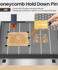 Front view of ToCome 500x500x22 mm steel honeycomb laser bed with a tiger-engraved wooden sample.