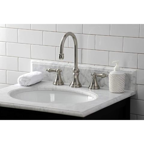 Governor Widespread Lavatory Faucet With Brass Pop Up And Metal Lever Handle In Brushed Nickel 8 Inch Spread Quarter Turn Ceramic Cartridge