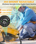 Dual Power 16 Inch Floor Fan Cordless Or AC Powered with 360-degree adjustment on jobsite, worker using stepless speed control.