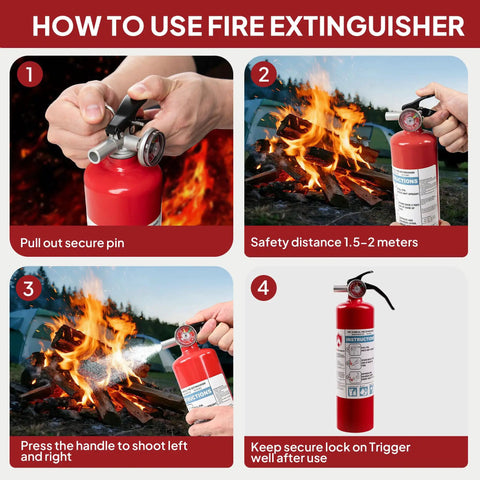 Instructional guide on how to use Water Based 2.5 Lb Kitchen Fire Extinguisher UL Rated 1A 10B C 2 Pack For Home Car Vehicle RV.
