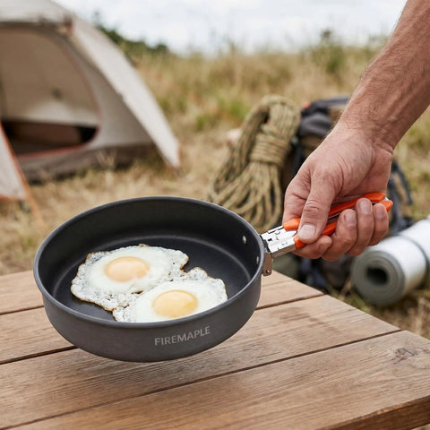 Durable 7.6 Inch Nonstick Camping Frying Pan For Easy Eggs And Steak, Hard Anodized Aluminum Skillet with eggs by campsite