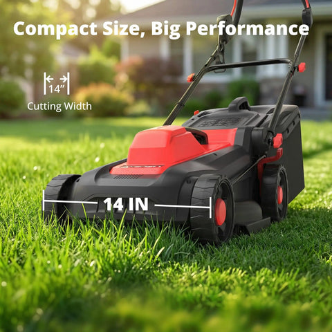 Powerful 12.5 Amp Two In One Corded Electric Lawn Mower With 14 Inch Deck, 3400 RPM, Easy Push Design For Small To Medium Yards, Mulch Or Bag Options, No Gas, Quiet, Durable, High Performance Yard Care. 14-inch corded mower on grass
