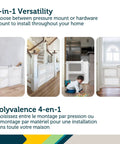 Adjustable White Baby Safety Gate With Dual Mount Capability, Pressure Mount Or Hardware Mount Extends From 28 To 42 Inches, Ideal For Stairs And Doorways, Image Showing Installed Gate