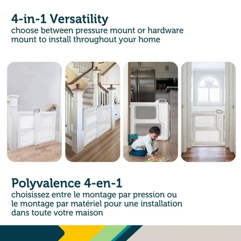 Adjustable White Baby Safety Gate With Dual Mount Capability, Pressure Mount Or Hardware Mount Extends From 28 To 42 Inches, Ideal For Stairs And Doorways, Image Showing Installed Gate
