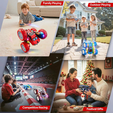 Children playing with Remote Control Stunt Car With 360 Degree Flips, LED Light Strips, Type C Charge, indoors and outdoors